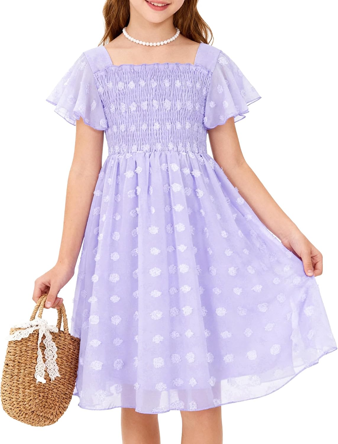 Girls Chiffon Dress with Square Neck and Ruffle Sleeve