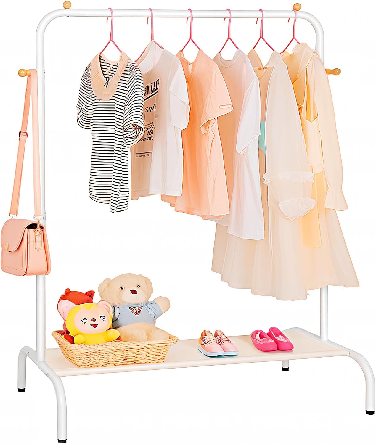 Kids Clothing Rack with Bottom Storage Shelf, White