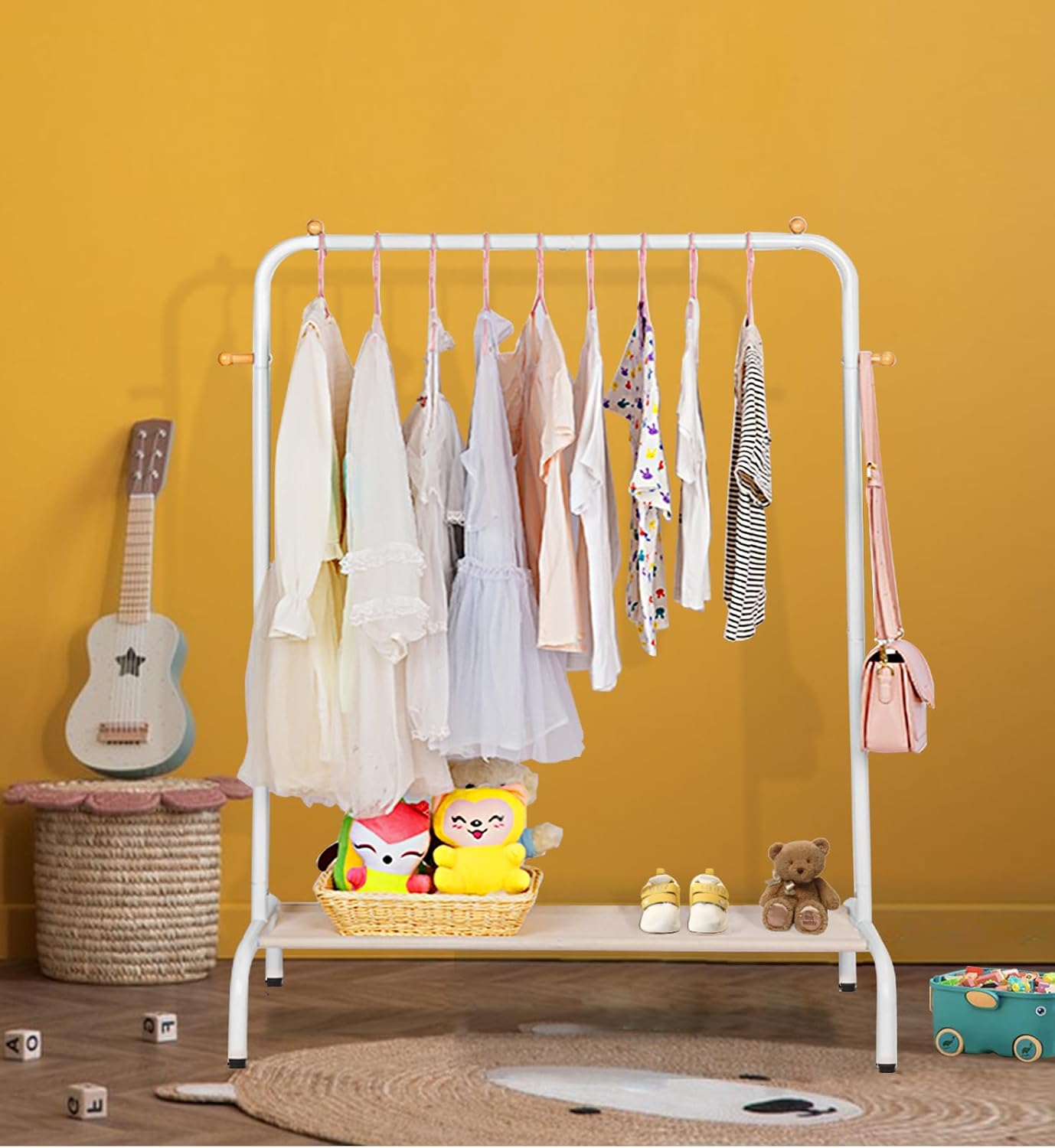 Kids Clothing Rack with Bottom Storage Shelf, White