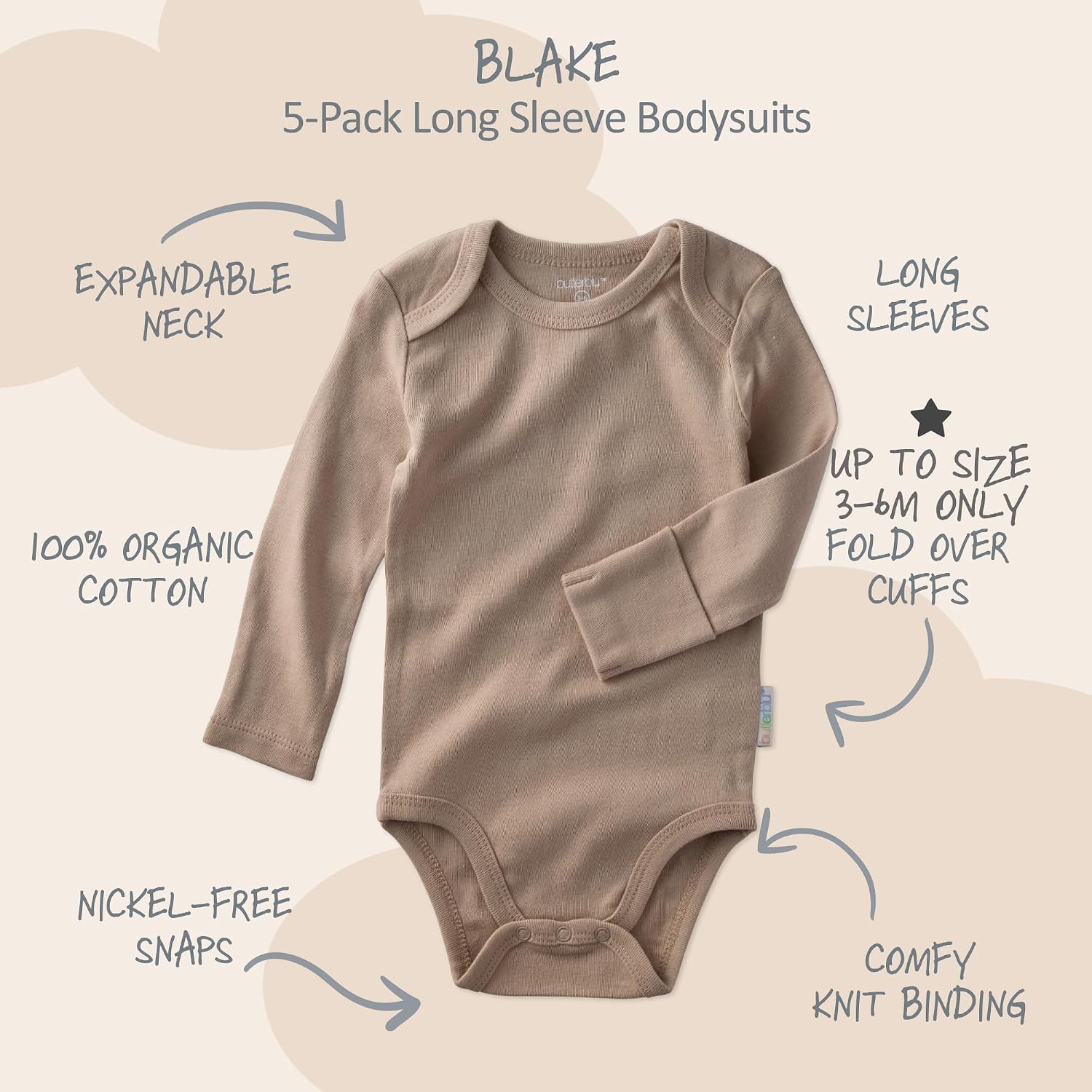 Long Sleeve Baby Bodysuits, 5 Pack, Organic Cotton