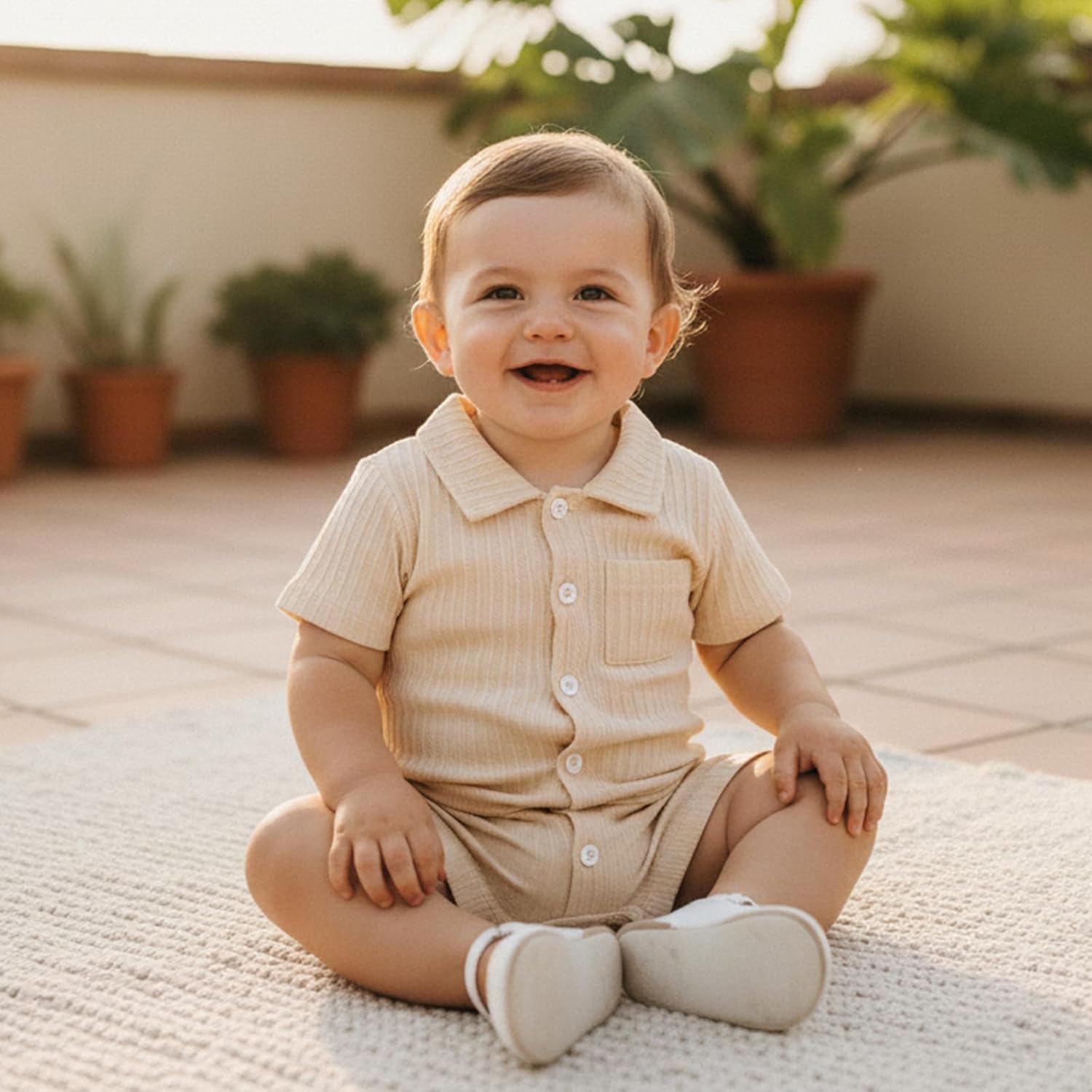 Newborn Boys Button-Down Shirt and Romper Set