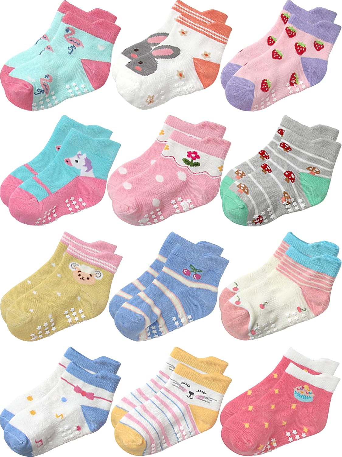 Non-Slip Grip Ankle Socks for Kids, 12 Pack